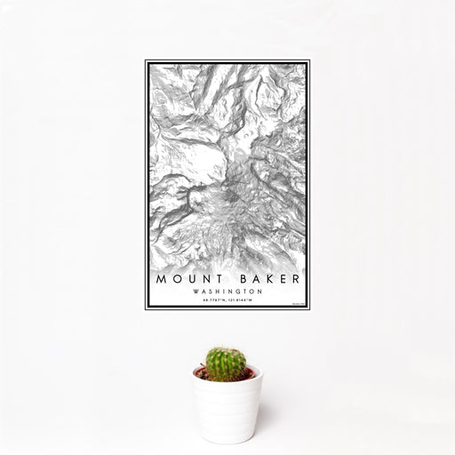 12x18 Mount Baker Washington Map Print Portrait Orientation in Classic Style With Small Cactus Plant in White Planter