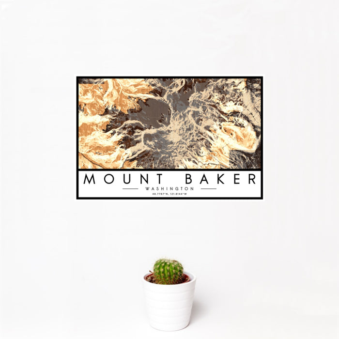 12x18 Mount Baker Washington Map Print Landscape Orientation in Ember Style With Small Cactus Plant in White Planter