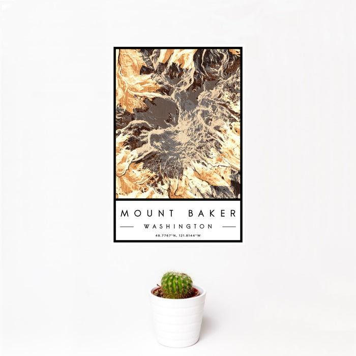 12x18 Mount Baker Washington Map Print Portrait Orientation in Ember Style With Small Cactus Plant in White Planter