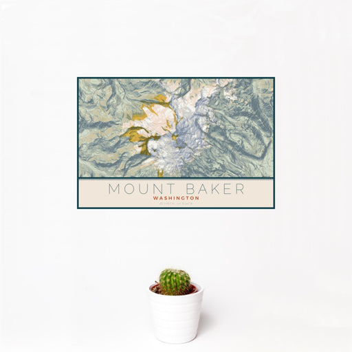 12x18 Mount Baker Washington Map Print Landscape Orientation in Woodblock Style With Small Cactus Plant in White Planter