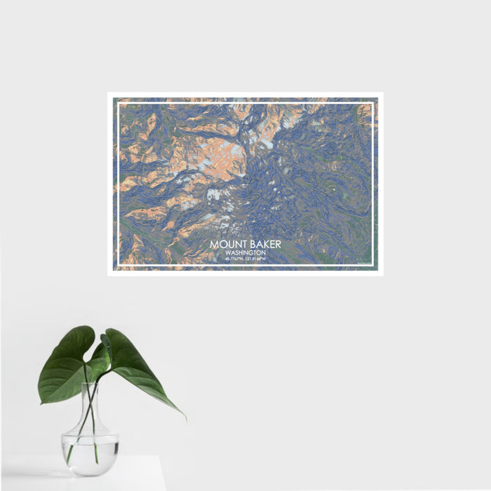 16x24 Mount Baker Washington Map Print Landscape Orientation in Afternoon Style With Tropical Plant Leaves in Water
