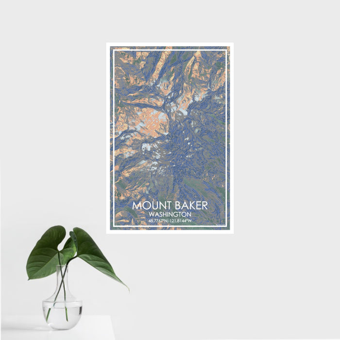 16x24 Mount Baker Washington Map Print Portrait Orientation in Afternoon Style With Tropical Plant Leaves in Water