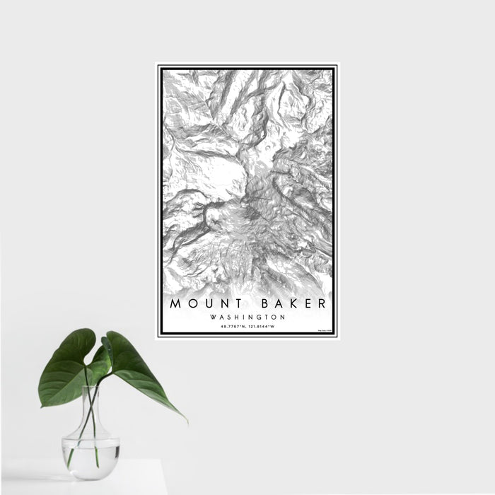 16x24 Mount Baker Washington Map Print Portrait Orientation in Classic Style With Tropical Plant Leaves in Water