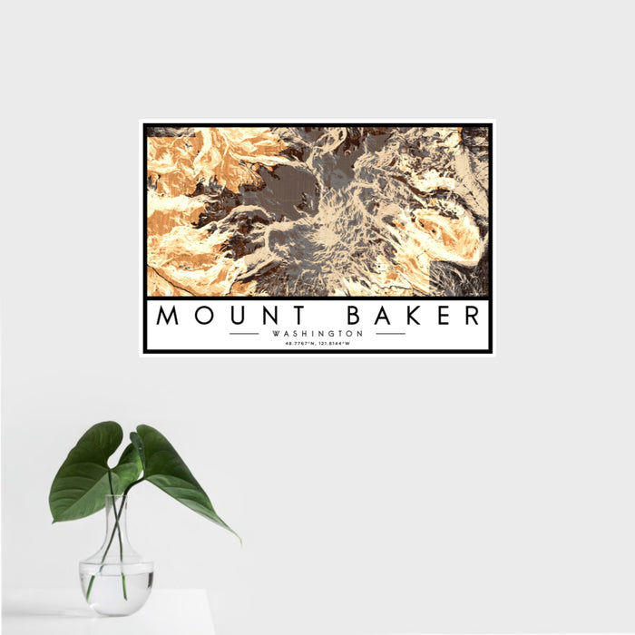16x24 Mount Baker Washington Map Print Landscape Orientation in Ember Style With Tropical Plant Leaves in Water