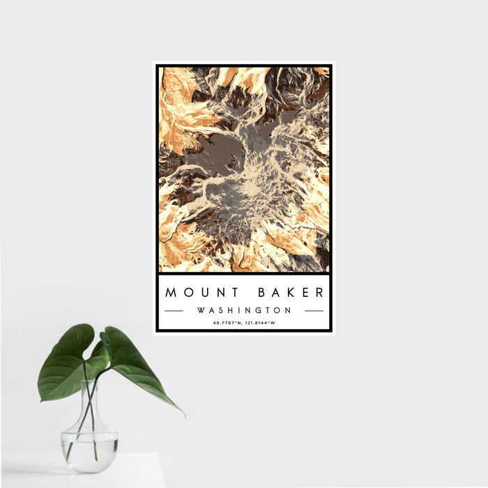 16x24 Mount Baker Washington Map Print Portrait Orientation in Ember Style With Tropical Plant Leaves in Water