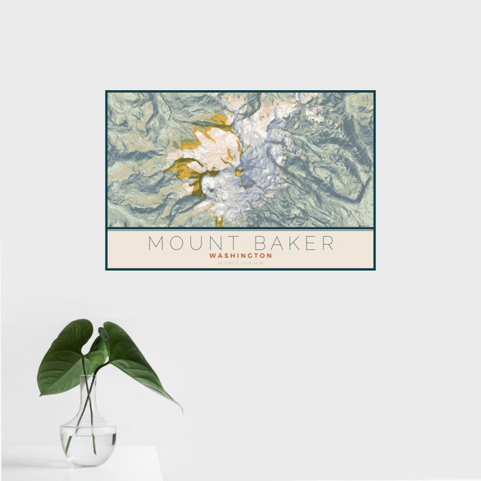 16x24 Mount Baker Washington Map Print Landscape Orientation in Woodblock Style With Tropical Plant Leaves in Water