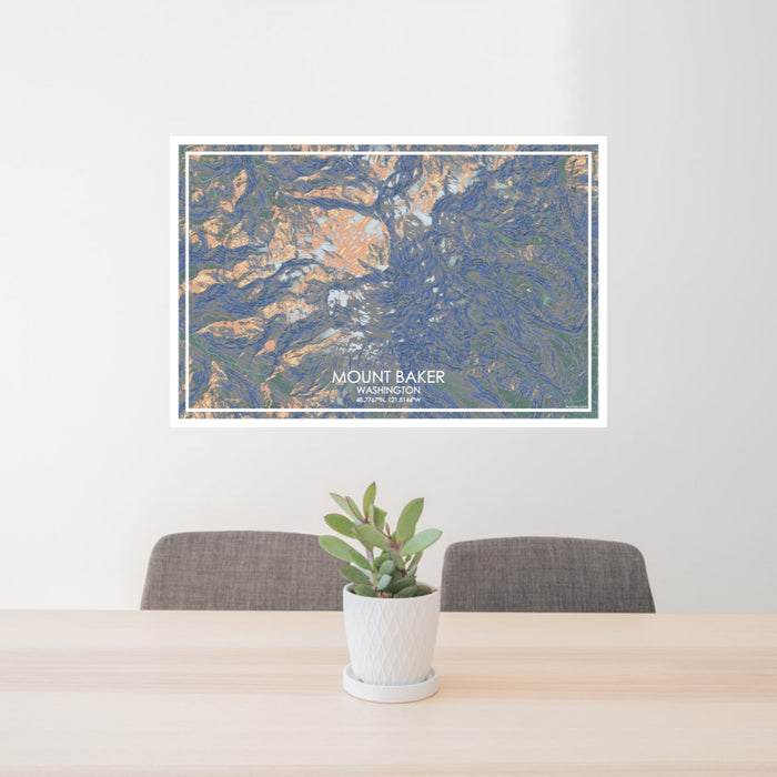 24x36 Mount Baker Washington Map Print Lanscape Orientation in Afternoon Style Behind 2 Chairs Table and Potted Plant