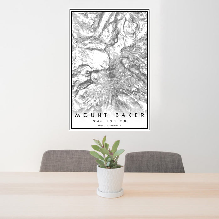 24x36 Mount Baker Washington Map Print Portrait Orientation in Classic Style Behind 2 Chairs Table and Potted Plant