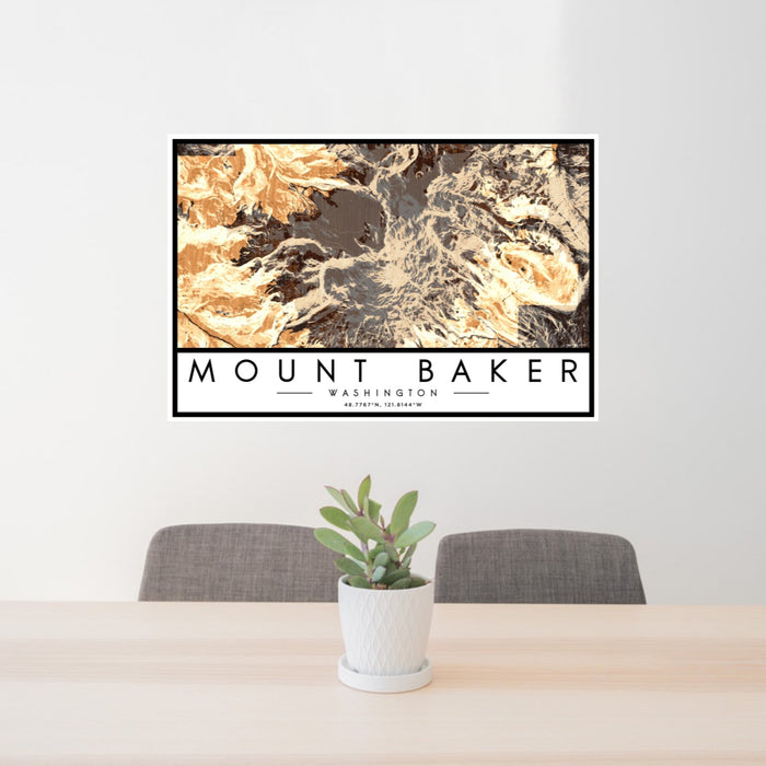 24x36 Mount Baker Washington Map Print Lanscape Orientation in Ember Style Behind 2 Chairs Table and Potted Plant