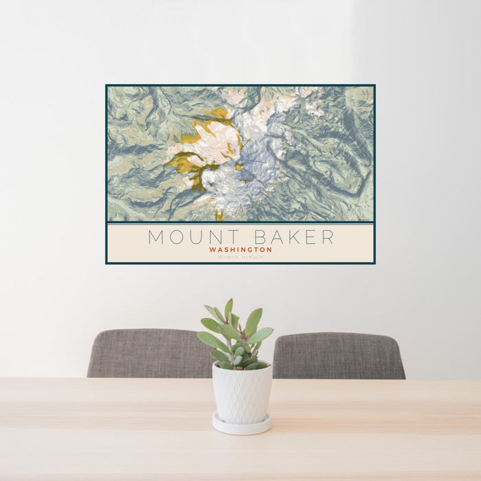 24x36 Mount Baker Washington Map Print Lanscape Orientation in Woodblock Style Behind 2 Chairs Table and Potted Plant
