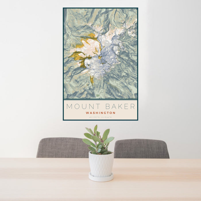 24x36 Mount Baker Washington Map Print Portrait Orientation in Woodblock Style Behind 2 Chairs Table and Potted Plant