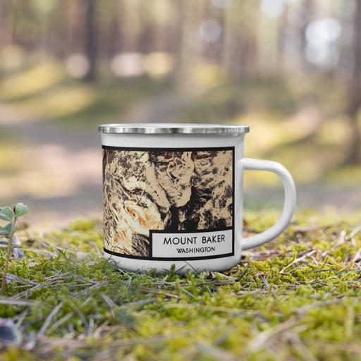 Right View Custom Mount Baker Washington Map Enamel Mug in Ember on Grass With Trees in Background