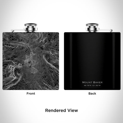 Rendered View of Mount Baker Washington Map Engraving on 6oz Stainless Steel Flask in Black
