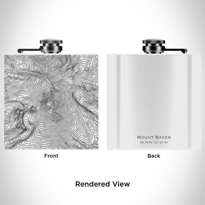 Rendered View of Mount Baker Washington Map Engraving on 6oz Stainless Steel Flask in White