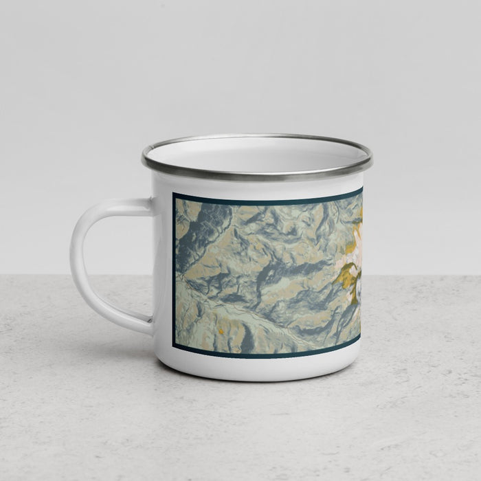 Left View Custom Mount Baker Washington Map Enamel Mug in Woodblock