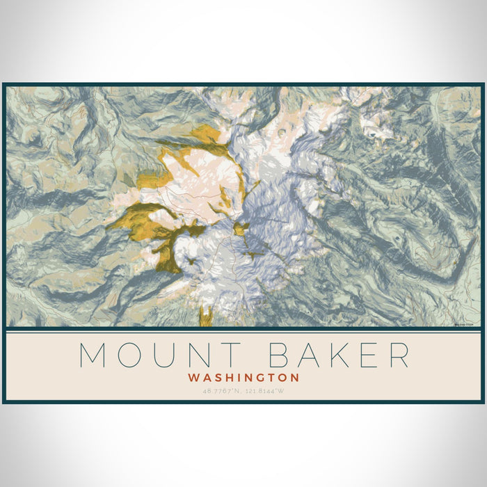 Mount Baker Washington Map Print Landscape Orientation in Woodblock Style With Shaded Background