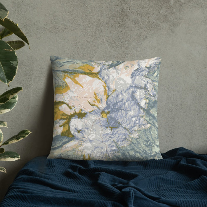 Custom Mount Baker Washington Map Throw Pillow in Woodblock on Bedding Against Wall