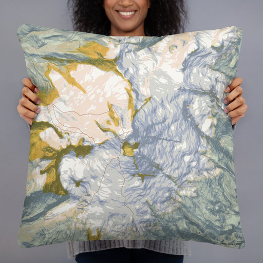 Person holding 22x22 Custom Mount Baker Washington Map Throw Pillow in Woodblock