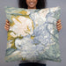 Person holding 22x22 Custom Mount Baker Washington Map Throw Pillow in Woodblock