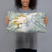 Person holding 20x12 Custom Mount Baker Washington Map Throw Pillow in Woodblock