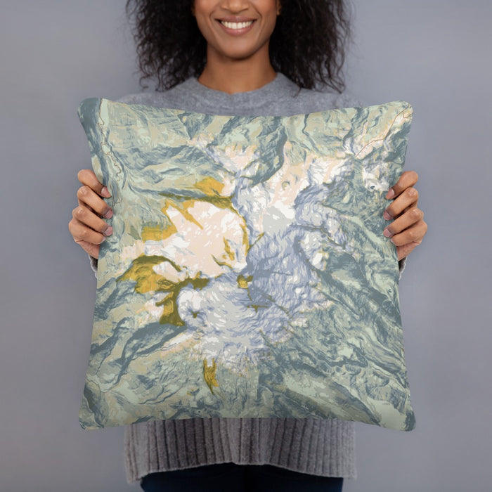 Person holding 18x18 Custom Mount Baker Washington Map Throw Pillow in Woodblock