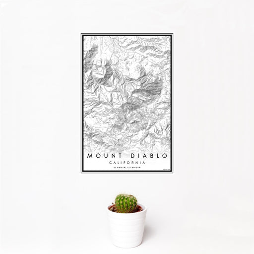12x18 Mount Diablo California Map Print Portrait Orientation in Classic Style With Small Cactus Plant in White Planter