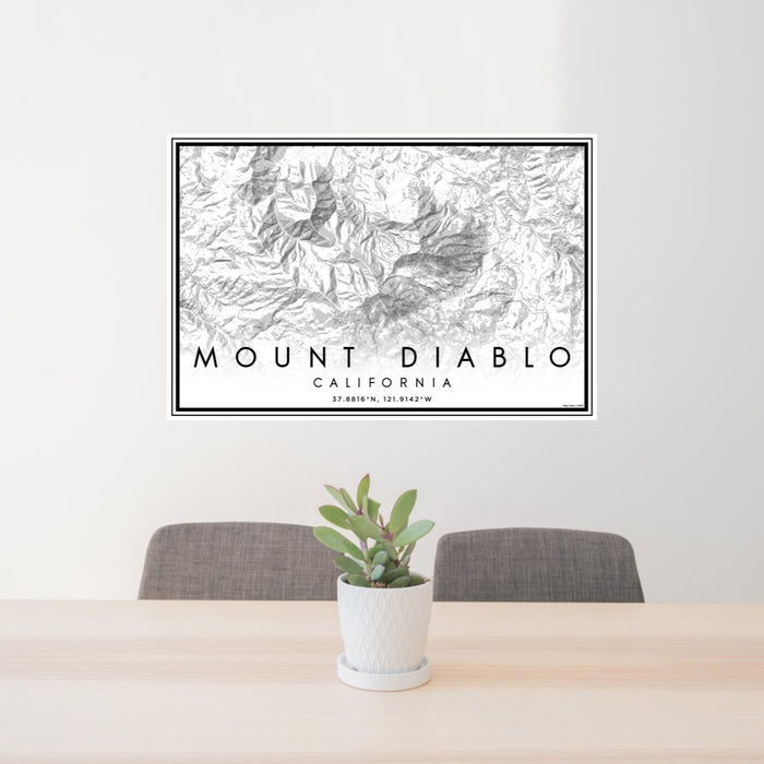 24x36 Mount Diablo California Map Print Landscape Orientation in Classic Style Behind 2 Chairs Table and Potted Plant