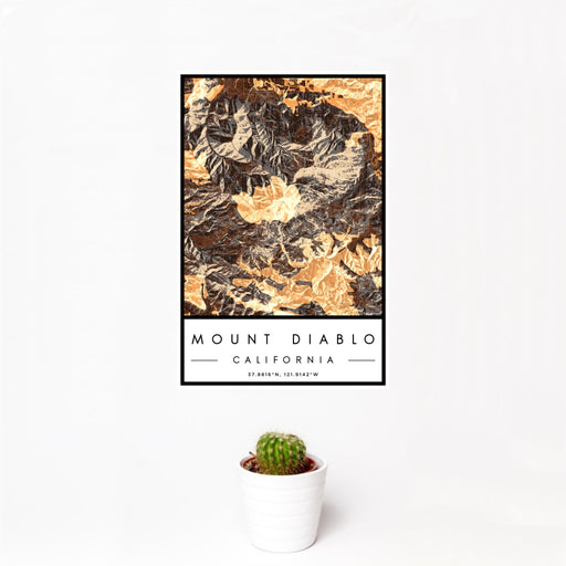 12x18 Mount Diablo California Map Print Portrait Orientation in Ember Style With Small Cactus Plant in White Planter