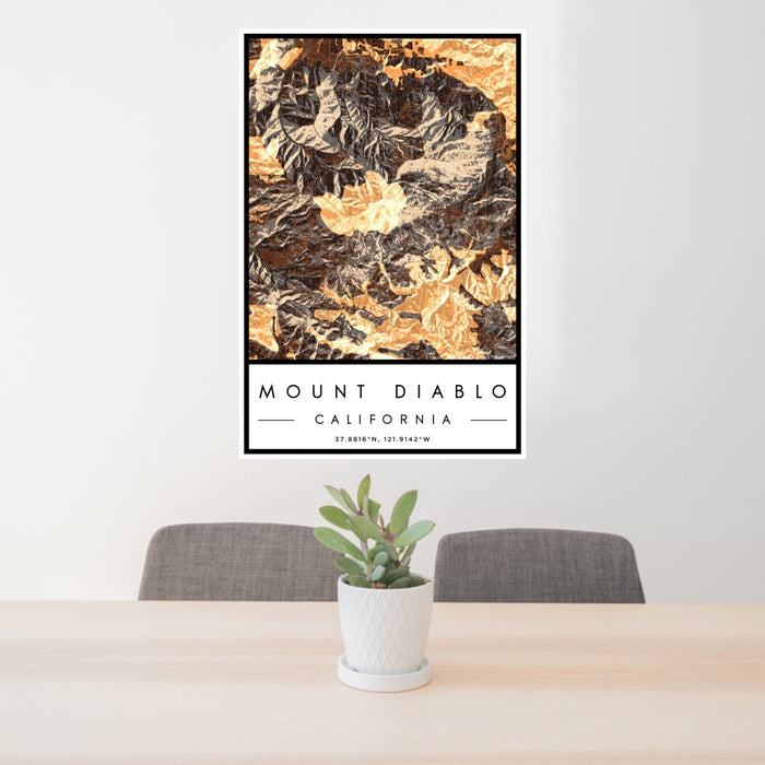 24x36 Mount Diablo California Map Print Portrait Orientation in Ember Style Behind 2 Chairs Table and Potted Plant