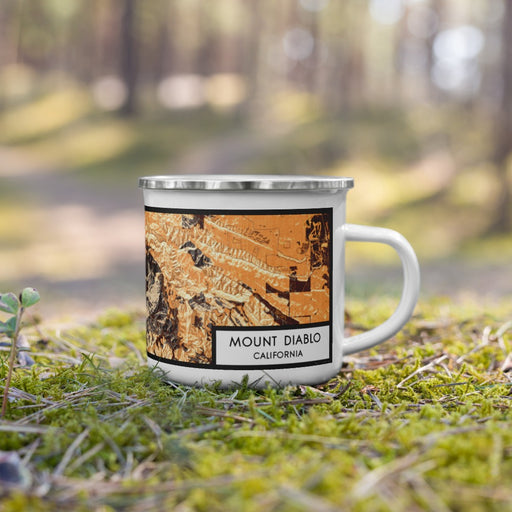 Right View Custom Mount Diablo California Map Enamel Mug in Ember on Grass With Trees in Background