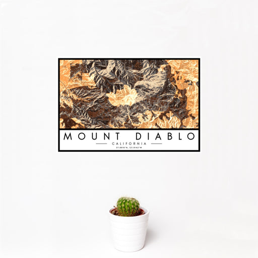 12x18 Mount Diablo California Map Print Landscape Orientation in Ember Style With Small Cactus Plant in White Planter
