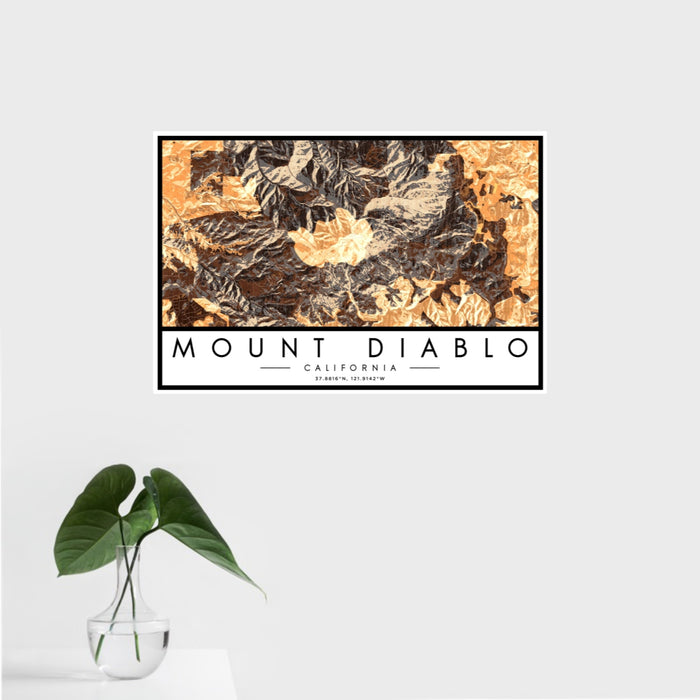 16x24 Mount Diablo California Map Print Landscape Orientation in Ember Style With Tropical Plant Leaves in Water