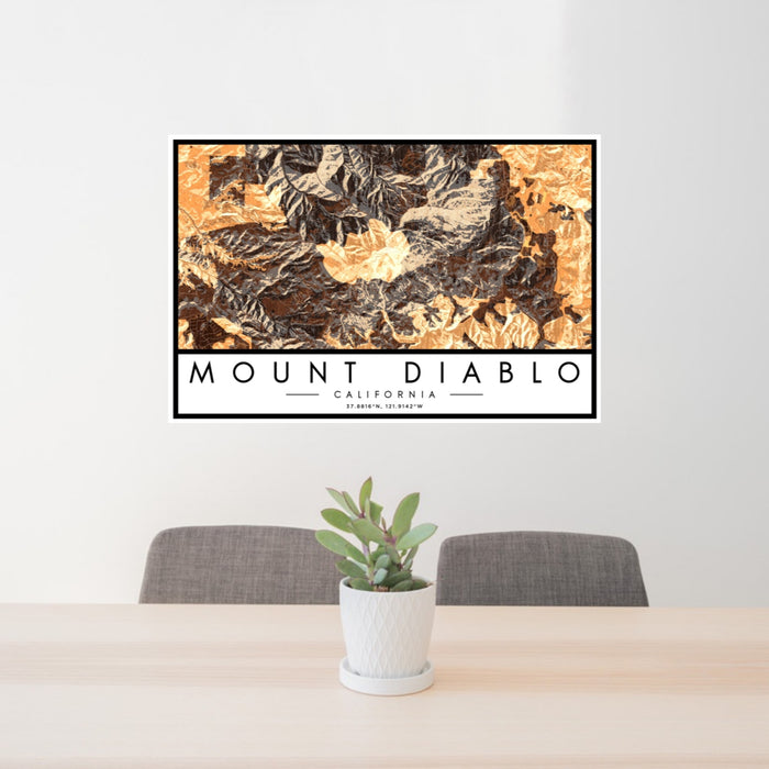 24x36 Mount Diablo California Map Print Landscape Orientation in Ember Style Behind 2 Chairs Table and Potted Plant
