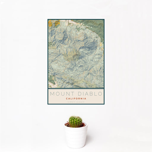 12x18 Mount Diablo California Map Print Portrait Orientation in Woodblock Style With Small Cactus Plant in White Planter