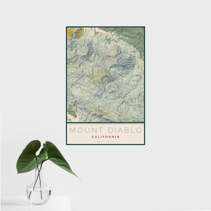 16x24 Mount Diablo California Map Print Portrait Orientation in Woodblock Style With Tropical Plant Leaves in Water