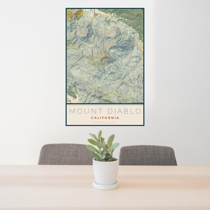 24x36 Mount Diablo California Map Print Portrait Orientation in Woodblock Style Behind 2 Chairs Table and Potted Plant