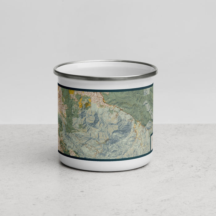 Front View Custom Mount Diablo California Map Enamel Mug in Woodblock