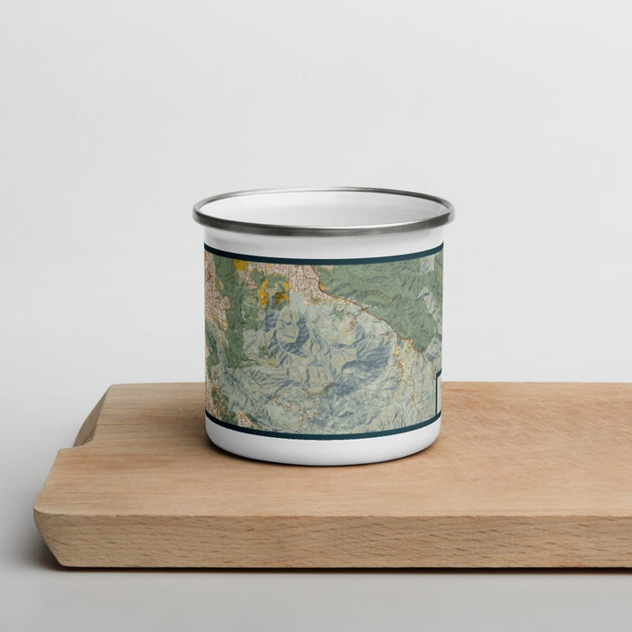 Front View Custom Mount Diablo California Map Enamel Mug in Woodblock on Cutting Board