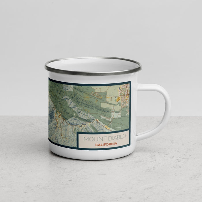 Right View Custom Mount Diablo California Map Enamel Mug in Woodblock