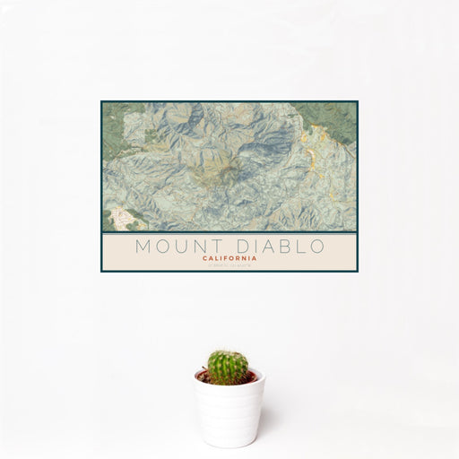 12x18 Mount Diablo California Map Print Landscape Orientation in Woodblock Style With Small Cactus Plant in White Planter