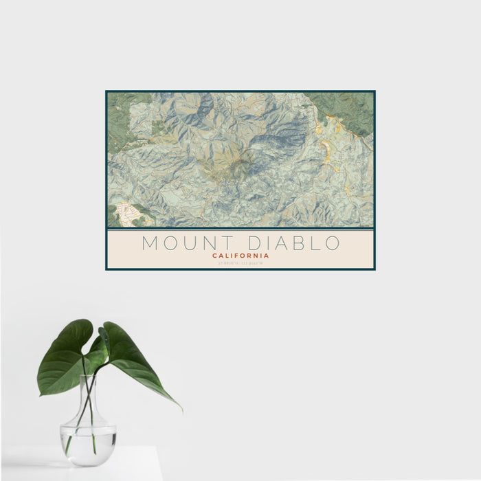16x24 Mount Diablo California Map Print Landscape Orientation in Woodblock Style With Tropical Plant Leaves in Water
