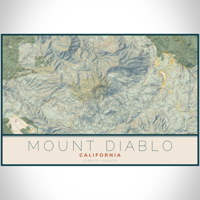 Mount Diablo California Map Print Landscape Orientation in Woodblock Style With Shaded Background