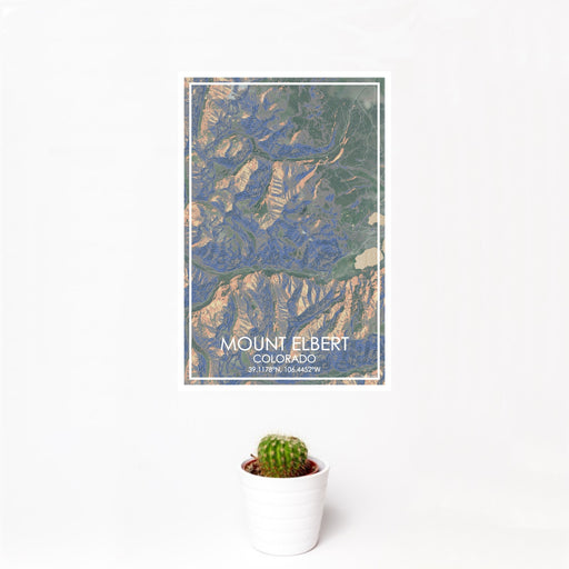 12x18 Mount Elbert Colorado Map Print Portrait Orientation in Afternoon Style With Small Cactus Plant in White Planter
