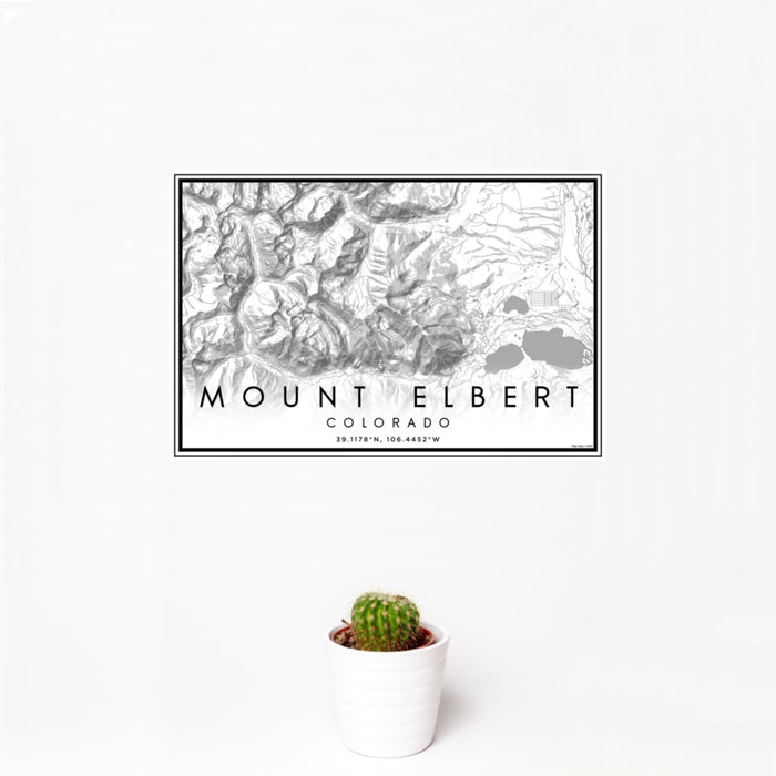 12x18 Mount Elbert Colorado Map Print Landscape Orientation in Classic Style With Small Cactus Plant in White Planter