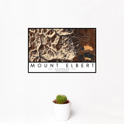 12x18 Mount Elbert Colorado Map Print Landscape Orientation in Ember Style With Small Cactus Plant in White Planter