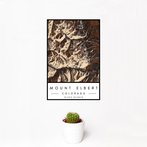 12x18 Mount Elbert Colorado Map Print Portrait Orientation in Ember Style With Small Cactus Plant in White Planter