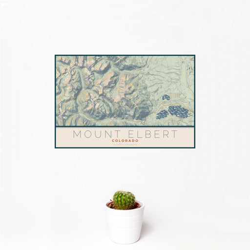 12x18 Mount Elbert Colorado Map Print Landscape Orientation in Woodblock Style With Small Cactus Plant in White Planter