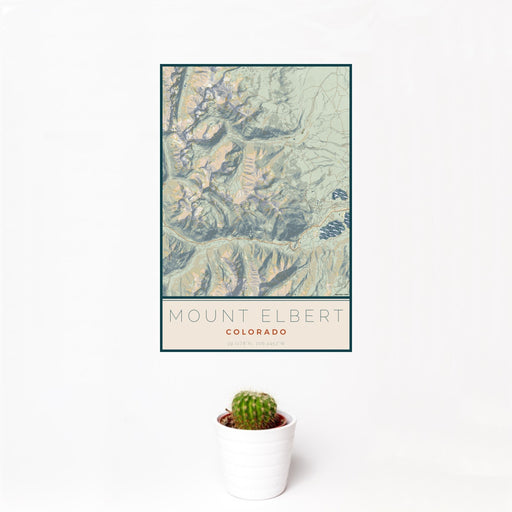 12x18 Mount Elbert Colorado Map Print Portrait Orientation in Woodblock Style With Small Cactus Plant in White Planter