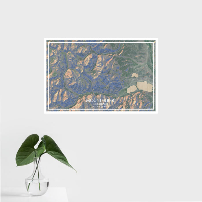 16x24 Mount Elbert Colorado Map Print Landscape Orientation in Afternoon Style With Tropical Plant Leaves in Water