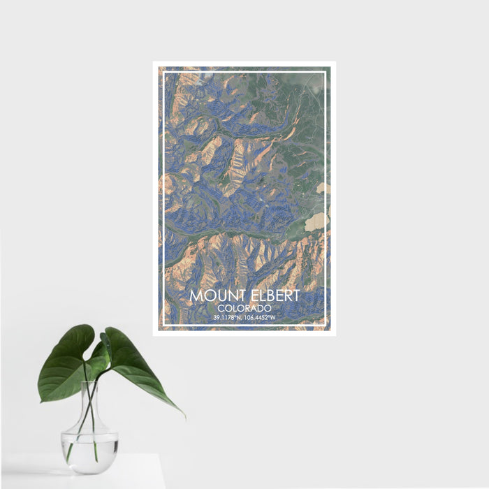 16x24 Mount Elbert Colorado Map Print Portrait Orientation in Afternoon Style With Tropical Plant Leaves in Water